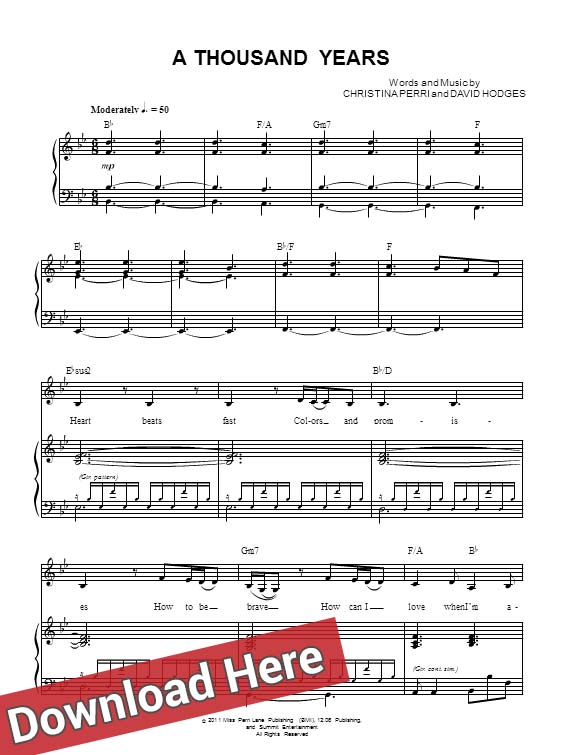 christina perri, a thousand years, sheet music, piano notes, keyboard, klavier noten, chords, download, pdf, voice, vocals, composition